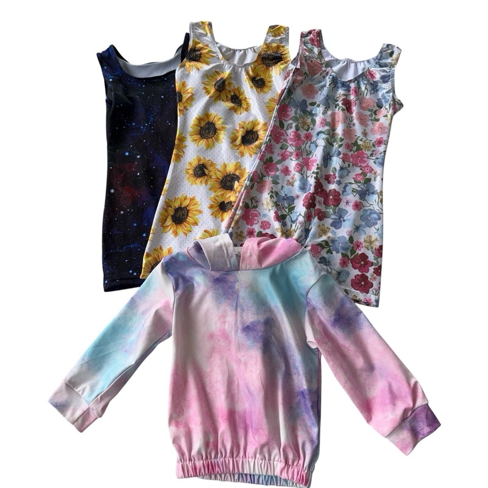 Lot 4- 3‎ Girls Gymnastics/ Dance One Piece 1 Jacket Girls Size 110 (6-7)